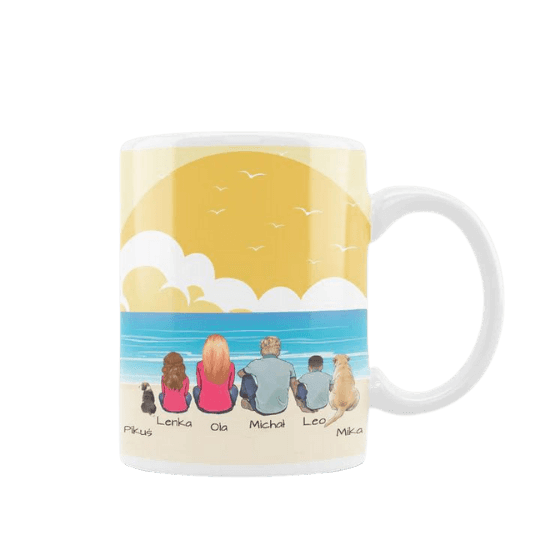 Personalisierte Tasse - "Deine Familie am Strand" -. Mejkmi - Personalisierte Geschenke für Ihre Liebsten!